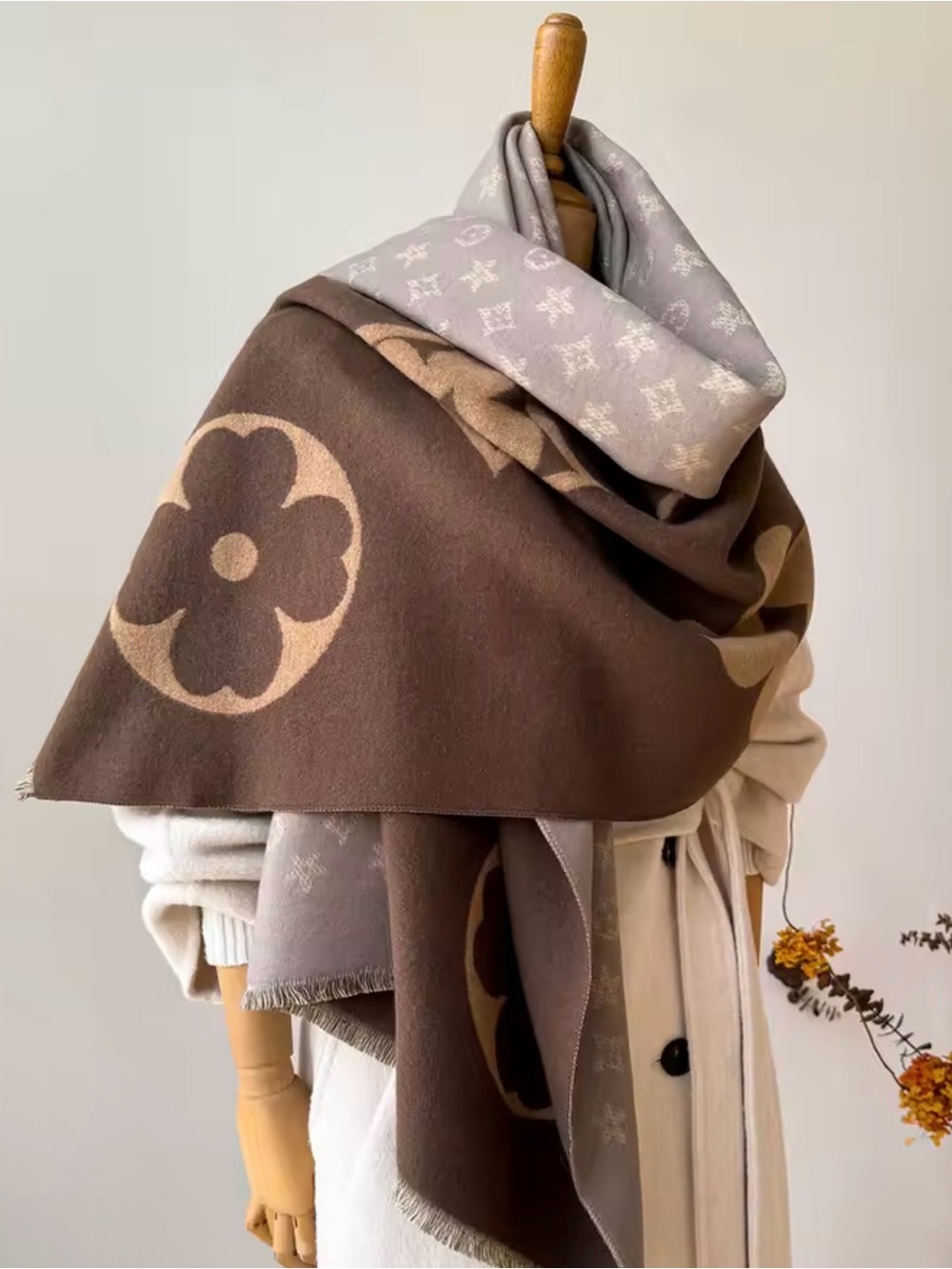 Cashmere Blend Brown and Taupe Monogram Wrap / Scarf